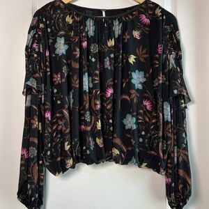 Free People Black Jewel Tone Floral Vine Print Blouse Dark Boho Whimsigoth Style